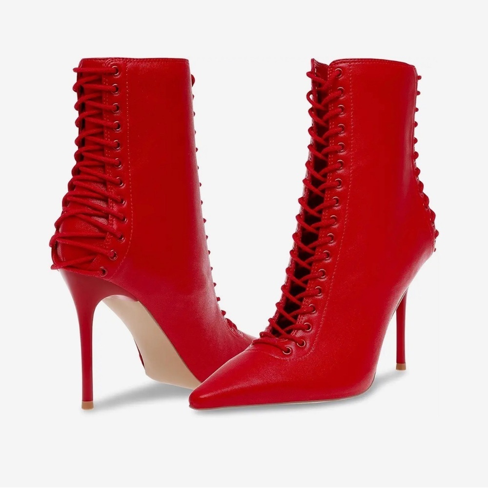 NEW Steve Madden Red Leather Allnight Lace Heeled Boots